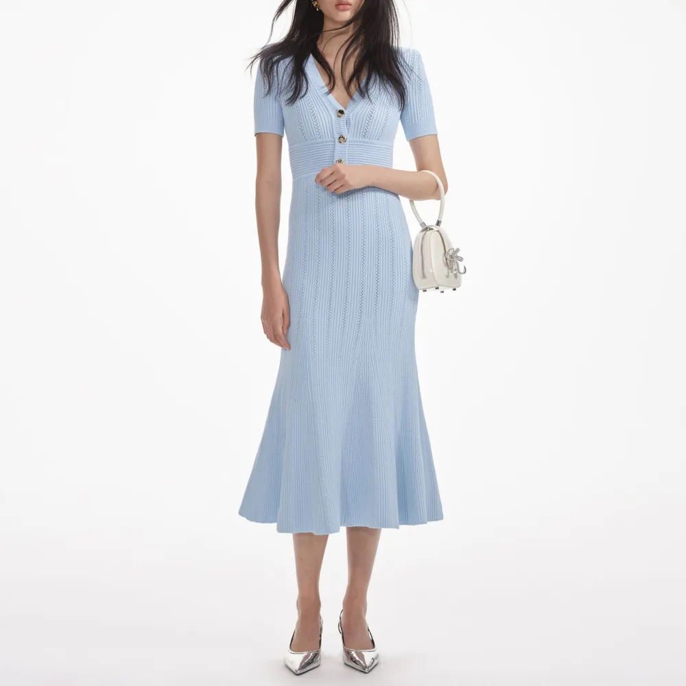 Blue Pointelle Knit Midi Dress