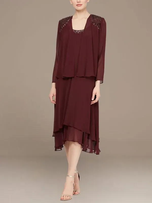 beaded chiffon tiered dress with matching jacket