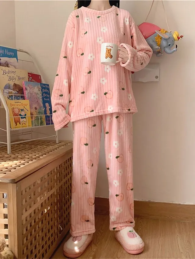 Women's Fleece Loungewear Sets Fluffy Pajama Fuzzy 2 Pieces Bear Peach Fashion Casual Comfort Street Daily Date Polyester Warm Crew Neck Long Sleeve Pant Fall Winter Lotus Pink Black