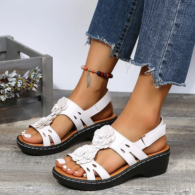 Women's Sandals Wedge Sandals Ankle Strap Sandals Outdoor Daily Summer Flower Cuban Heel Open Toe Vintage Casual Faux Leather Patent Leather Magic Tape Solid Color Dark Brown Black White