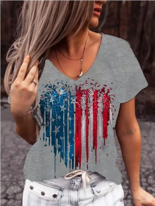 Women Short Sleeve V-Neck Heart Shape Printed Tops