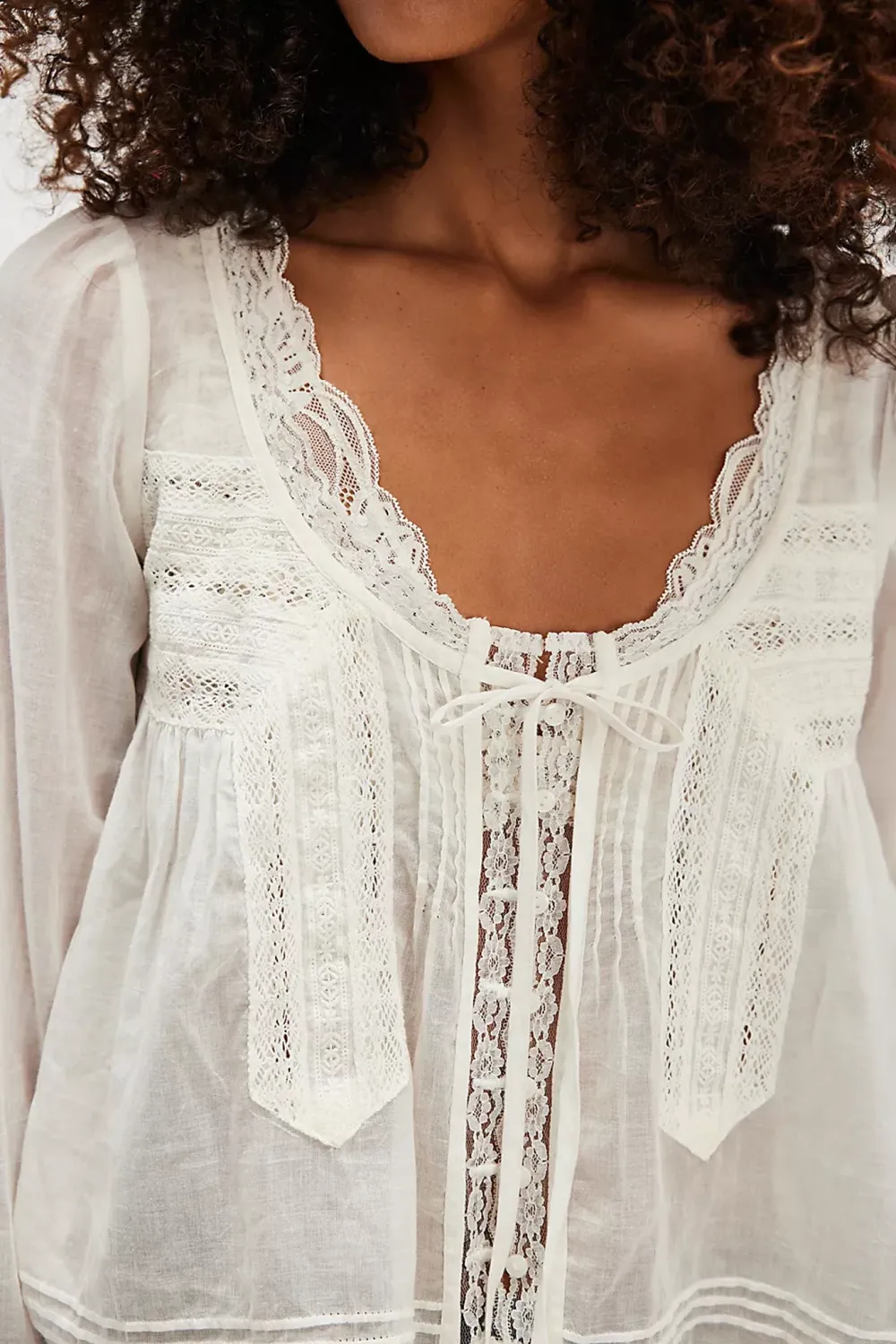 Lace Trimmed Long Sleeve Blouse