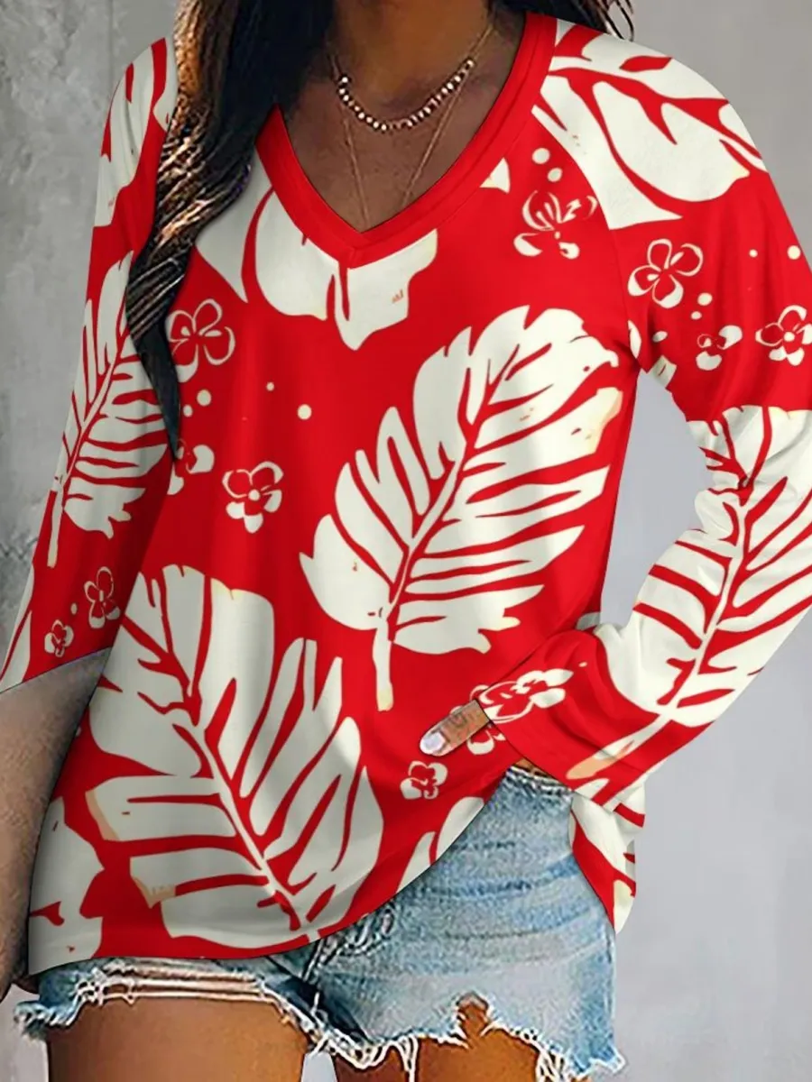 Tropical Leaf V-Neck Tee