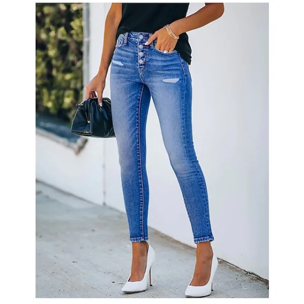 Women‘s Low Rise Jeans Pants Trousers Distressed Ankle-Length Denim Side Pockets Cut Out Micro-elastic Mid Waist Fashion Casual Weekend Light Blue S M Summer Spring & Fall