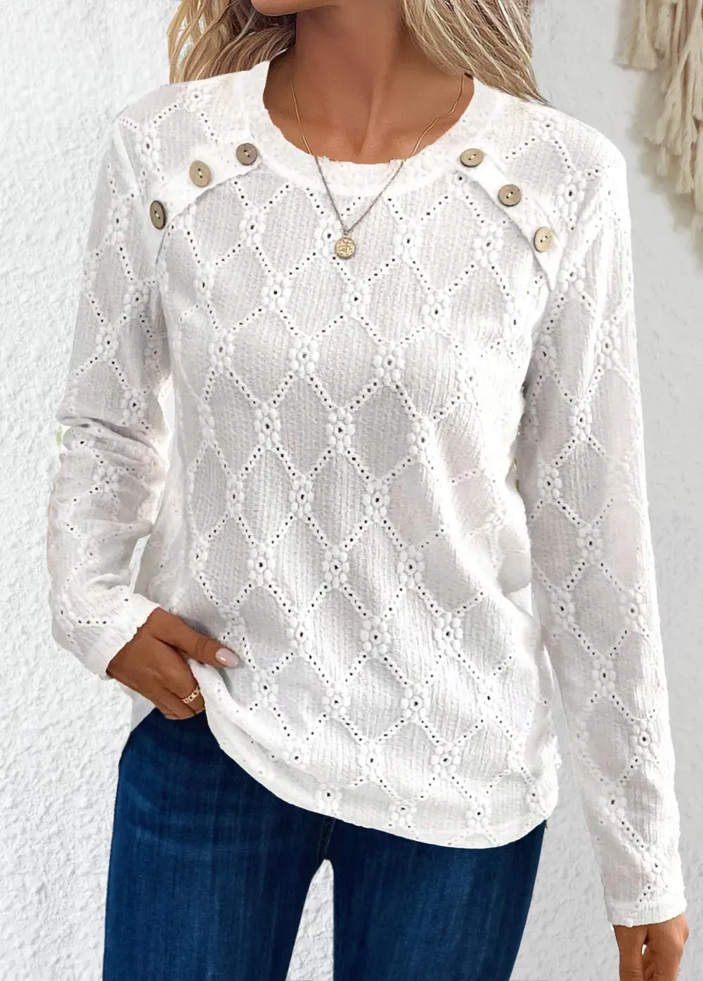 White Button Long Sleeve Round Neck T Shirt