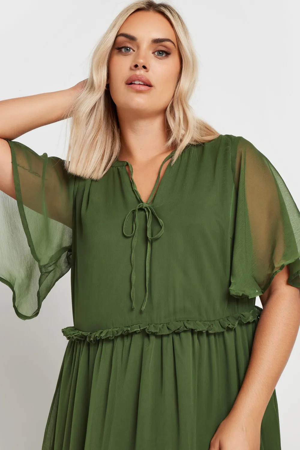 YOURS Curve Khaki Green Chiffon Tiered Midaxi Dress