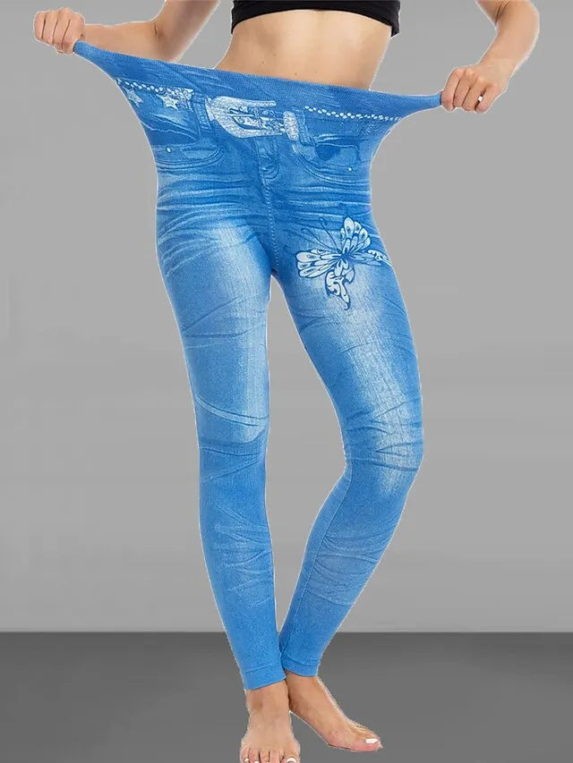 Women's Slim Pants Trousers Leggings Full Length Faux Denim Pocket High Cut High Elasticity High Waist Fashion Streetwear Street Causal Black Blue S M Summer Fall