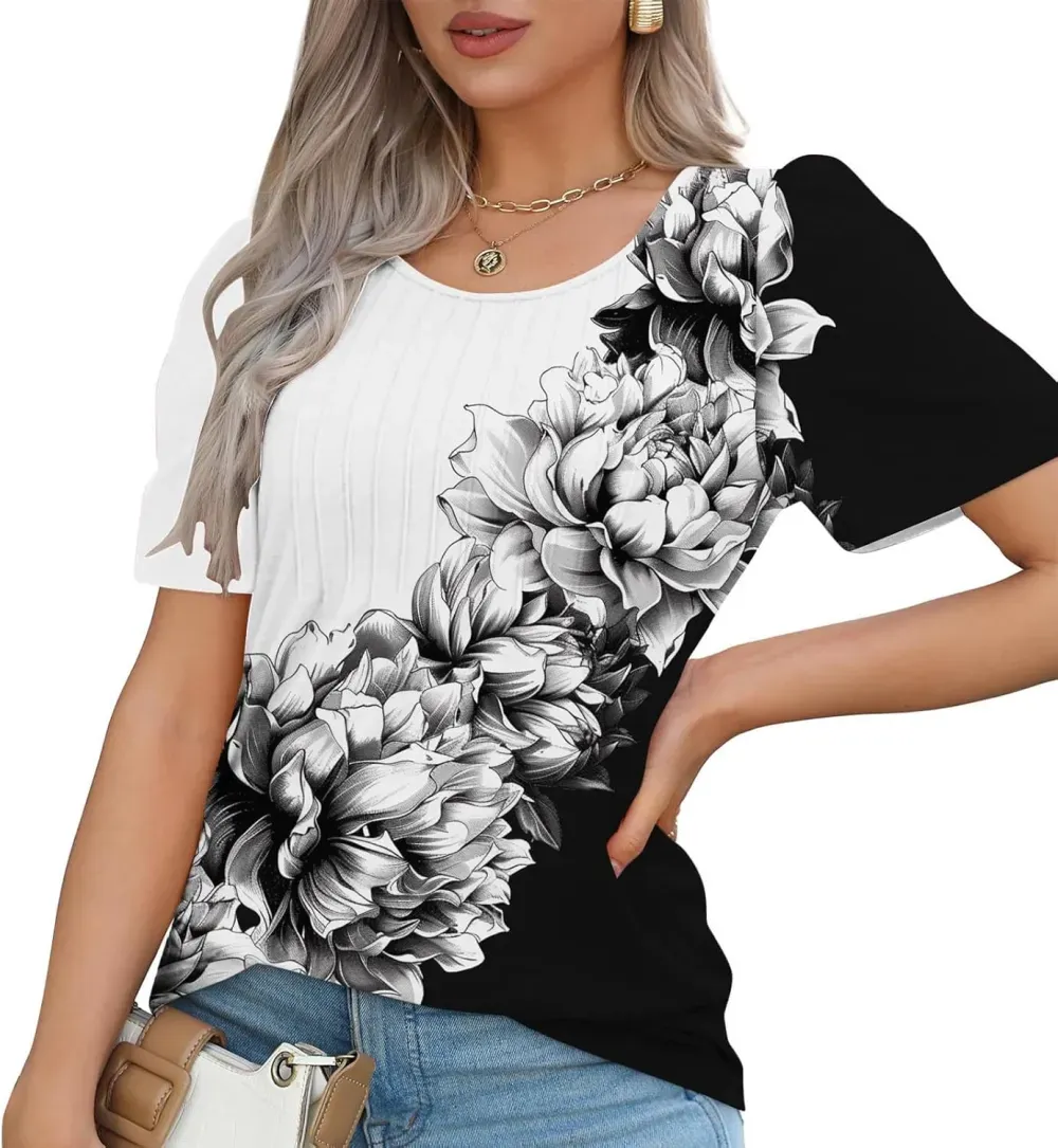 Womens Summer Pleated Front Shirts Tunics Casual Short Sleeved Loose Round Neck Boho Printed Tops Vacation Blouse