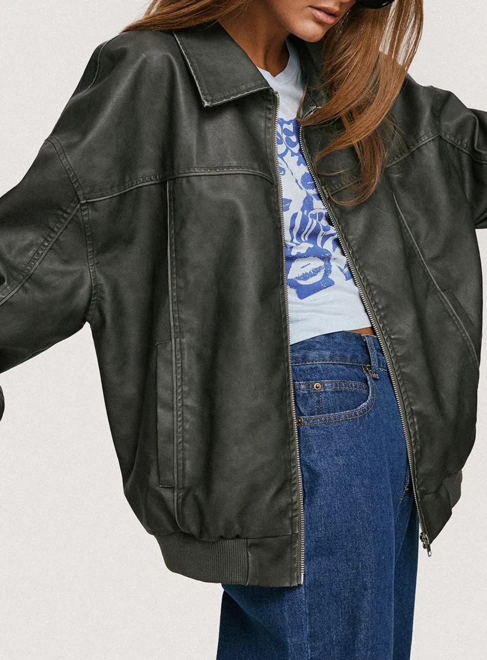 Loose Fit Faux Leather Bomber Jacket