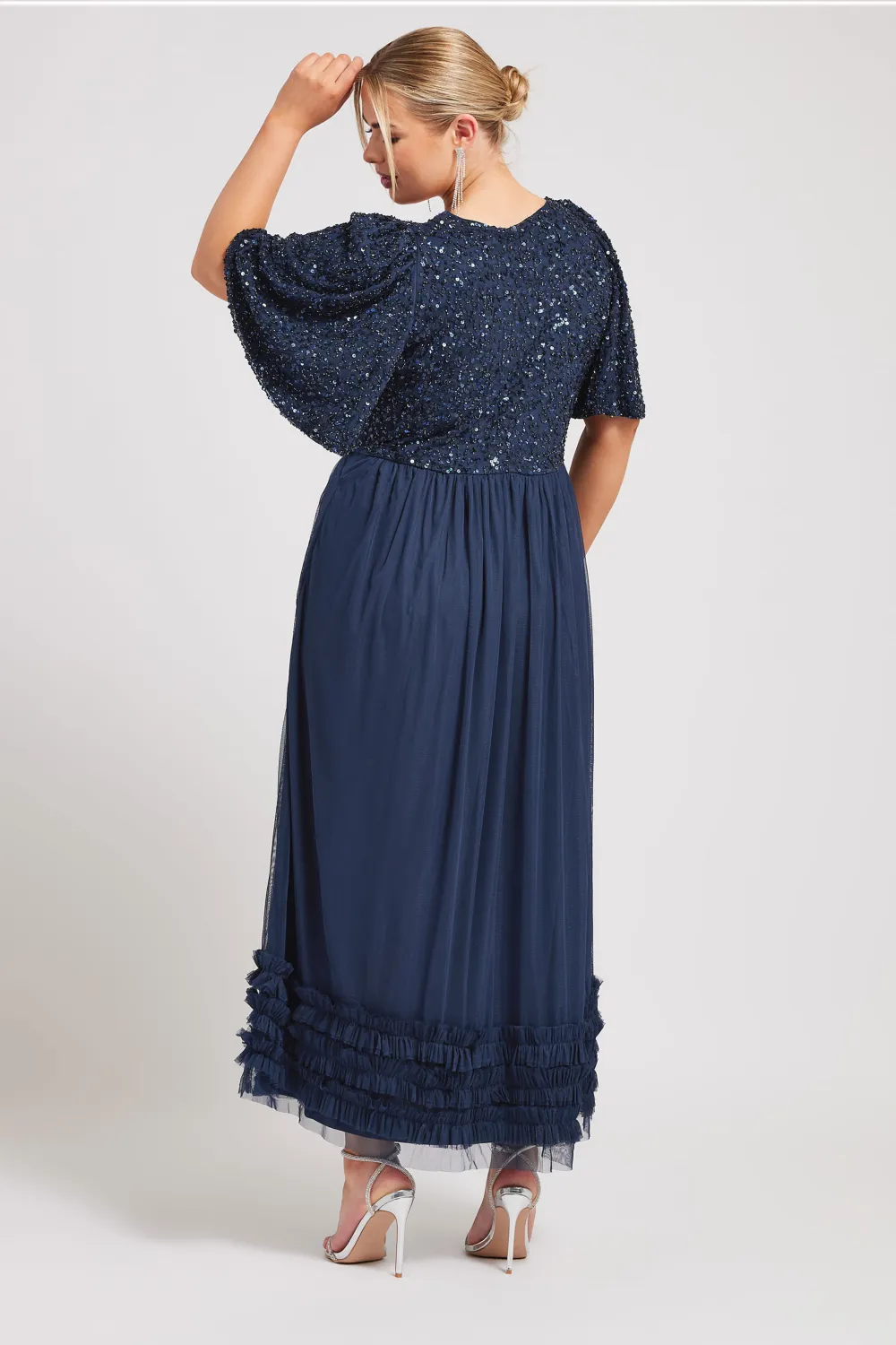 LUXE Curve Black Sequin Sweetheart Ruffle Maxi Dress