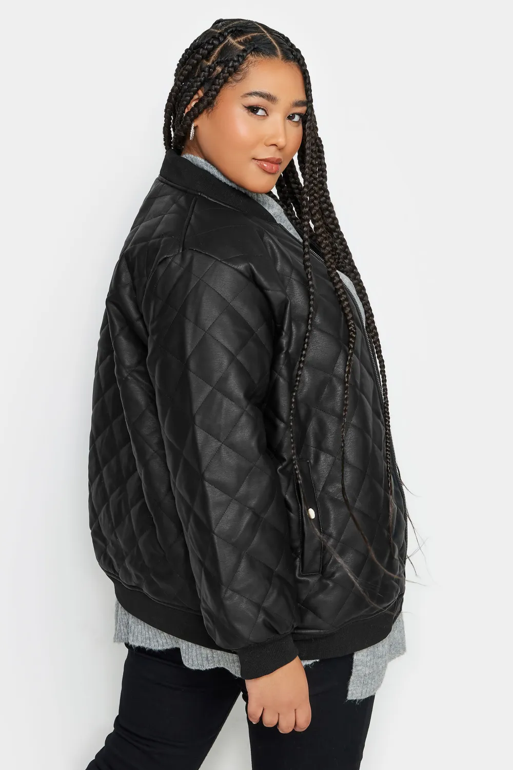 YOURS Curve Black Quilted Faux Leather Bomber Jacket