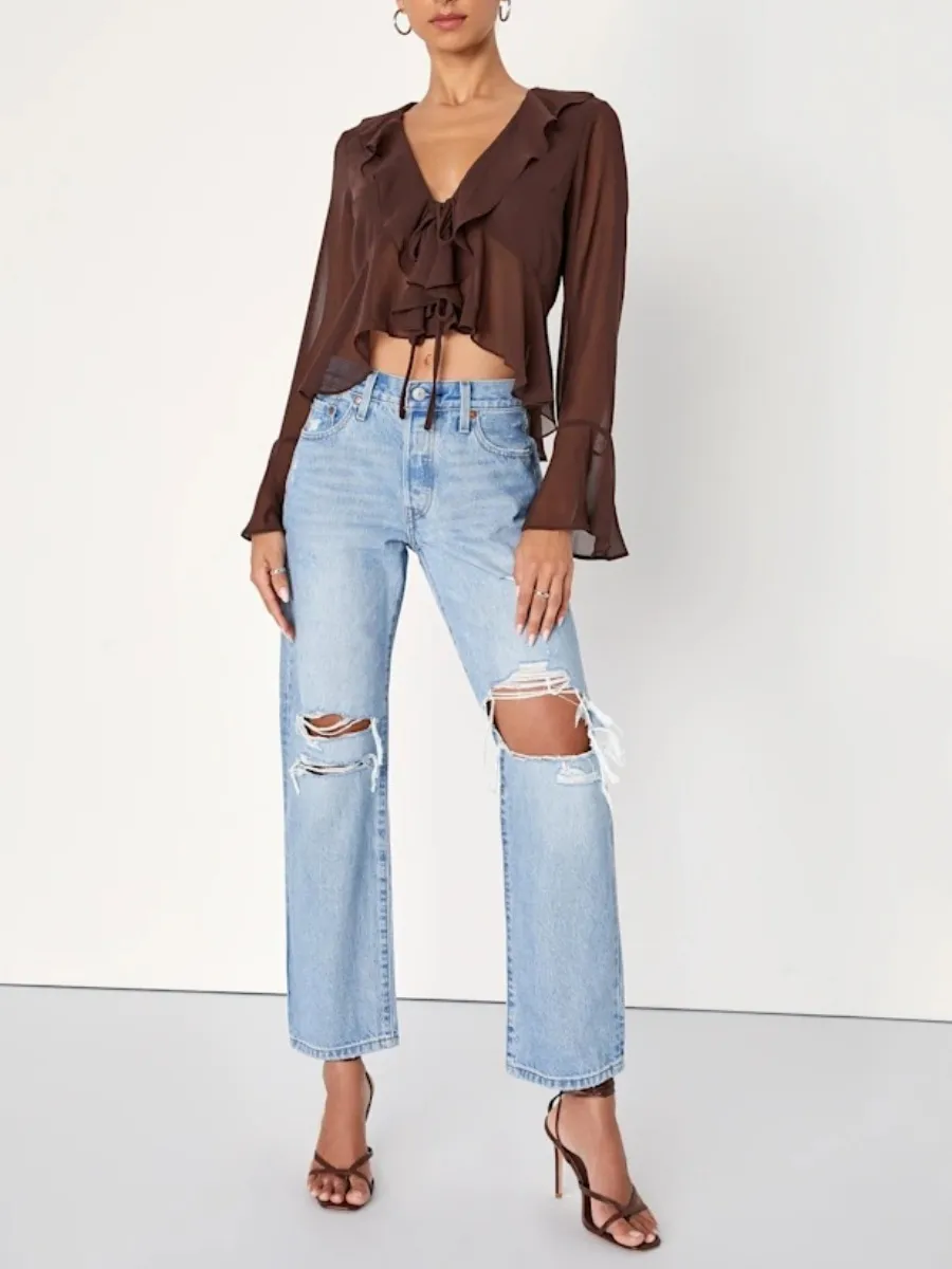 Flounce Sleeve Sheer Top