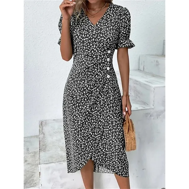 Women's Casual Dress Wrap Dress Floral Dress Floral Button Print V Neck Midi Dress Fashion Classic Daily Holiday Short Sleeve Regular Fit Black Dark Red Yellow Summer Spring S M L XL XXL