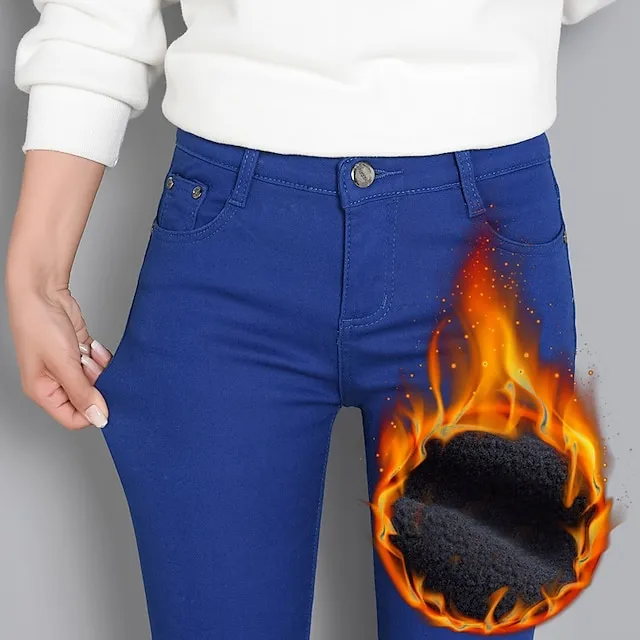 Women‘s Fleece Pants Tights Flannel Trousers lined Blue Purple Wine High Waist Fashion Office Causal Side Pockets High Elasticity Full Length Thermal Warm S M L XL XXL