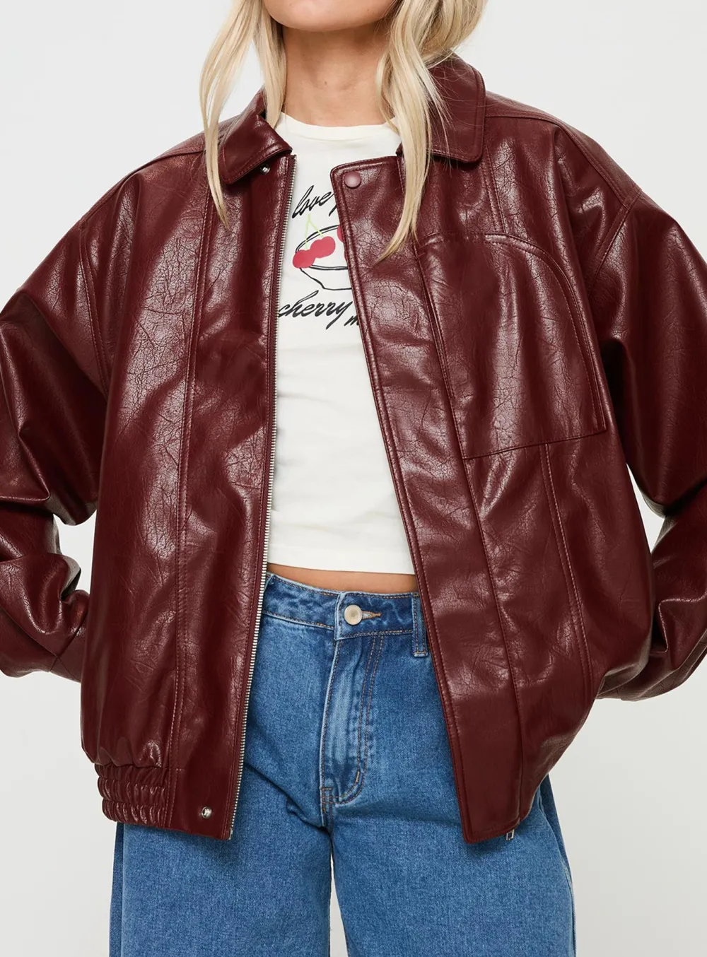 Satin Trim Faux Leather Jacket