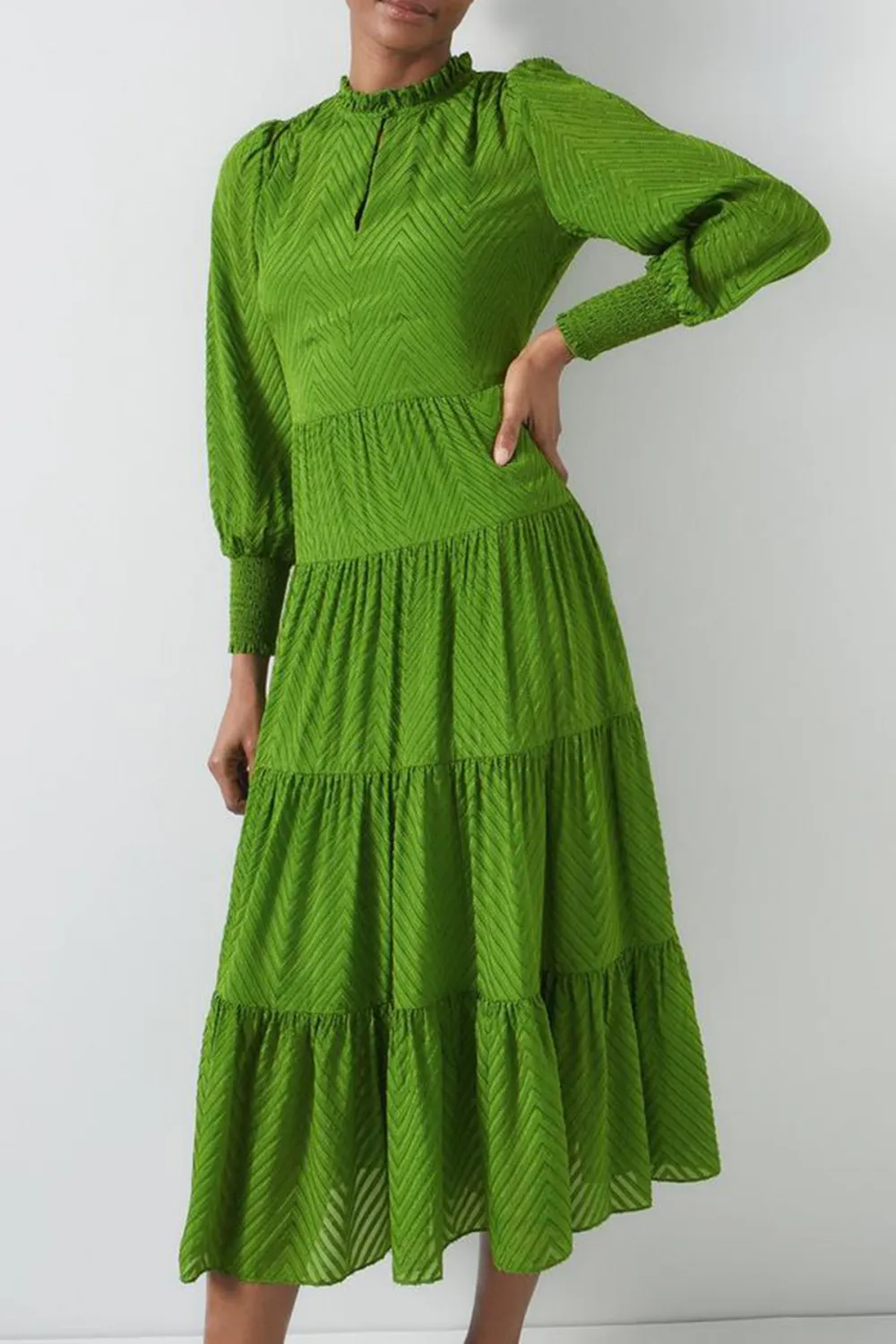 Green Tiered Long Sleeve Maxi Dress