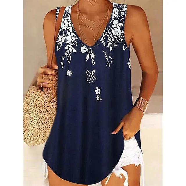 Women's Tank Top Camis Pink Blue Sky Blue Floral Print Sleeveless Casual V Neck Regular Fit Floral