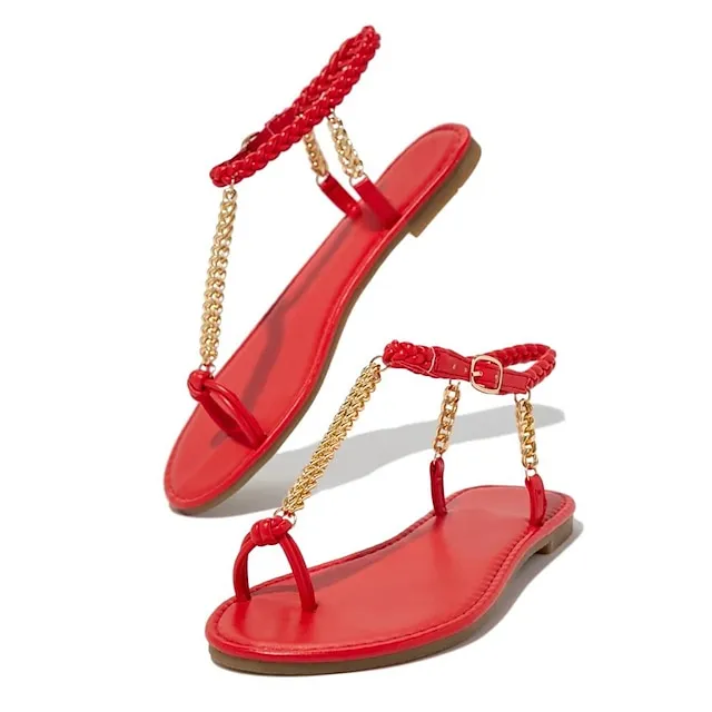 Women's Sandals Boho Bohemia Beach Barefoot Sandals Braided Sandals Beach Summer Flat Heel Open Toe Casual Faux Leather T-Strap Ankle Strap Solid Colored Black White Champagne