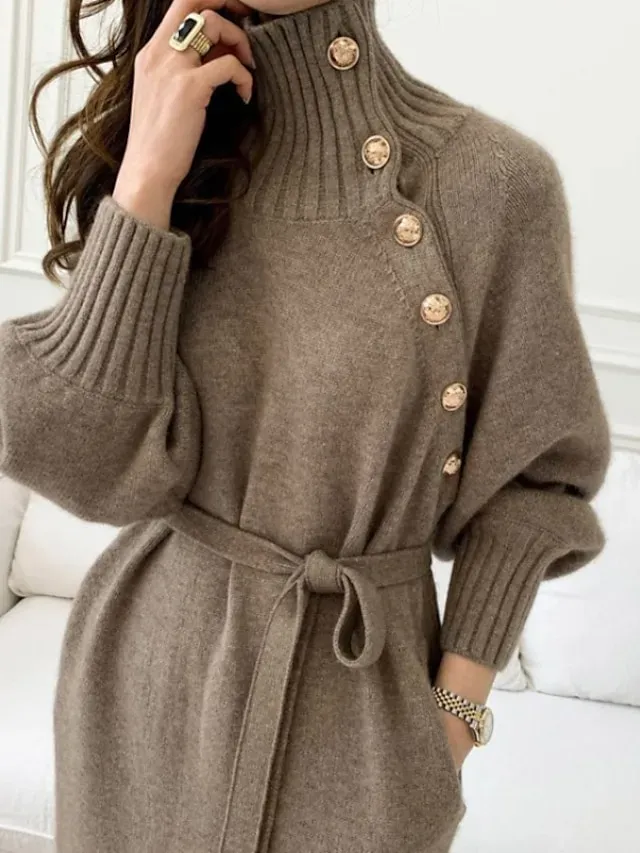 Women's Sweater Dress Jumper Dress Winter Dress Knee Length Dress Knitwear Stylish Mature Pure Color Outdoor Winter Dress Holiday Weekend Turtleneck Long Sleeve Tie Front Button Knit 2023 Loose Fit
