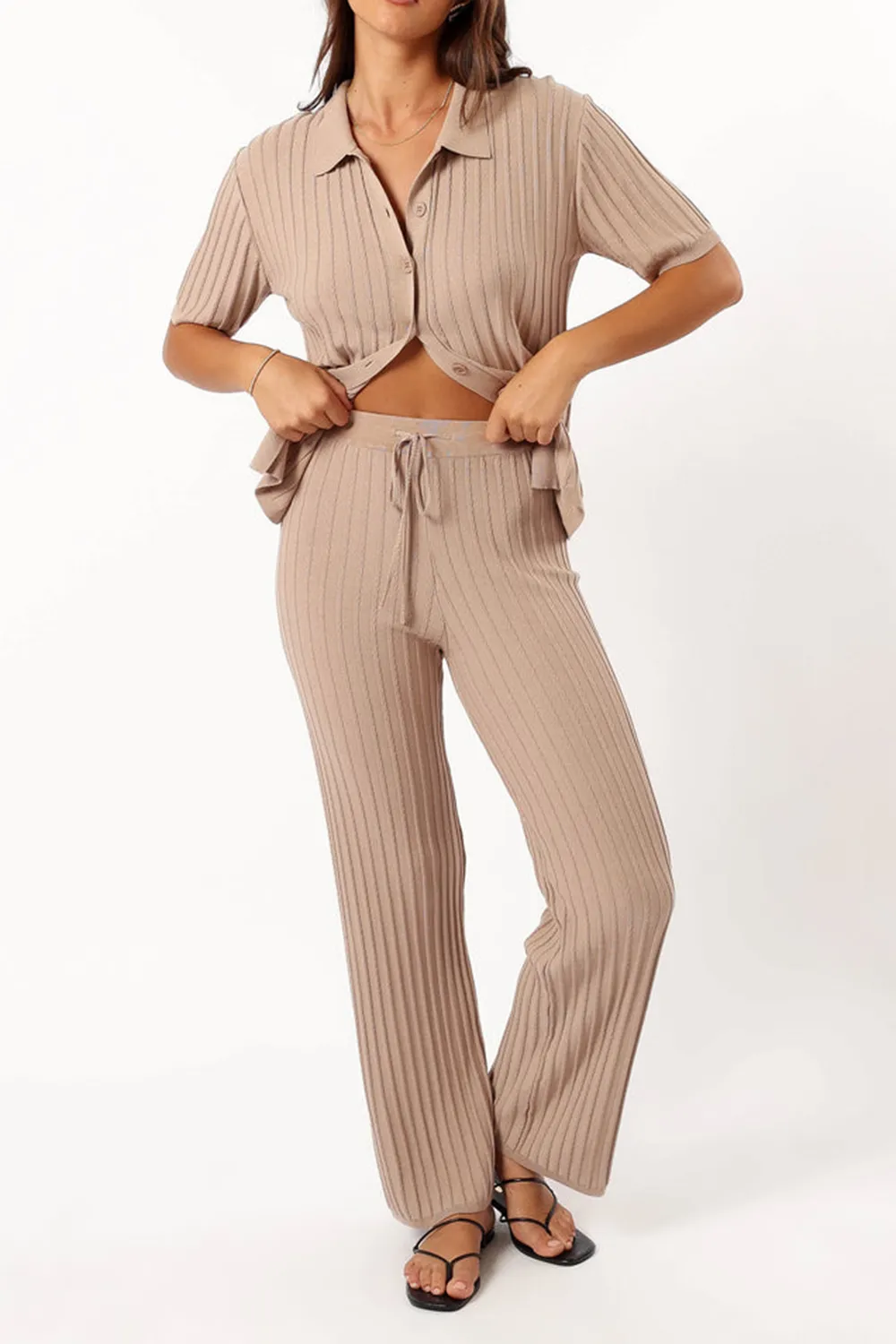 BEIGE VERTICAL STRIPES RIBBED PANT