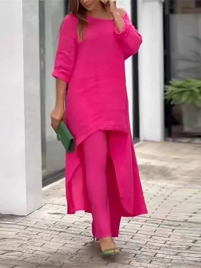 Women's Loungewear Sets Pure Color Fashion Simple Casual Street Date Airport Polyester Breathable Crew Neck Long Sleeve Pant Summer Spring White Yellow