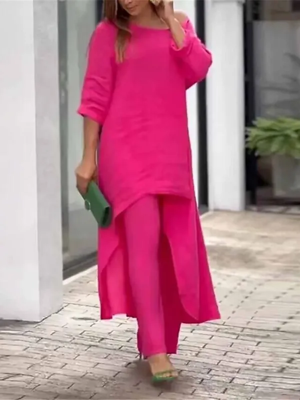 Women's Loungewear Sets Pure Color Fashion Simple Casual Street Date Airport Polyester Breathable Crew Neck Long Sleeve Pant Summer Spring White Yellow