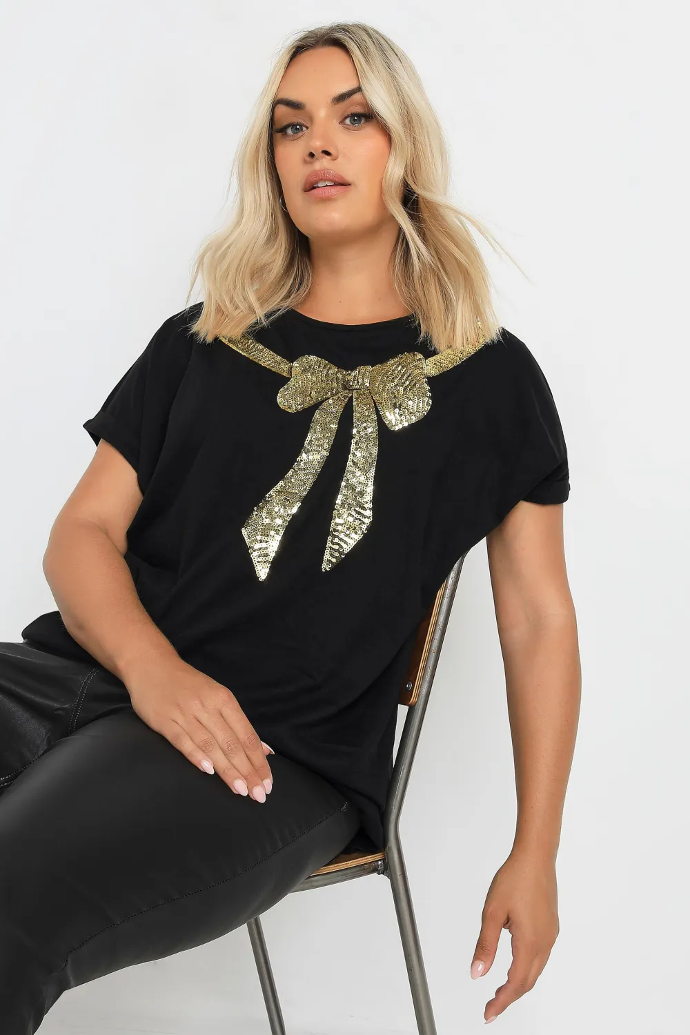 YOURS Curve Black Sequin Bow T-Shirt