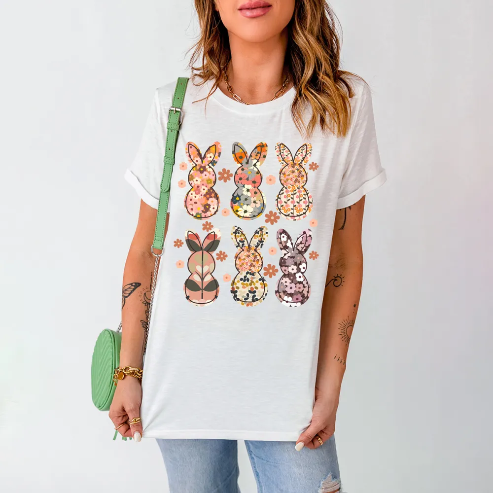 Easter Floral Bunny Printed Round Neck Short Sleeve T-Shirt