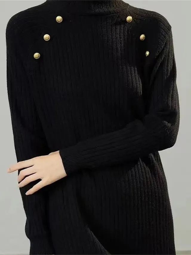 Women's Sweater Dress Jumper Dress Winter Dress Midi Dress Warm Fashion Casual Pure Color Outdoor Daily Vacation Going out Crew Neck Long Sleeve Button 2023 Loose Fit Black White Green One Size