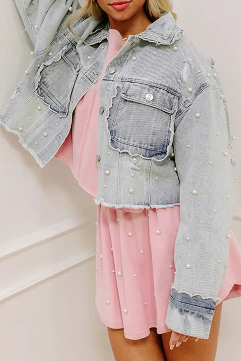 Girly Pearl Embellished Women's Denim Jacket