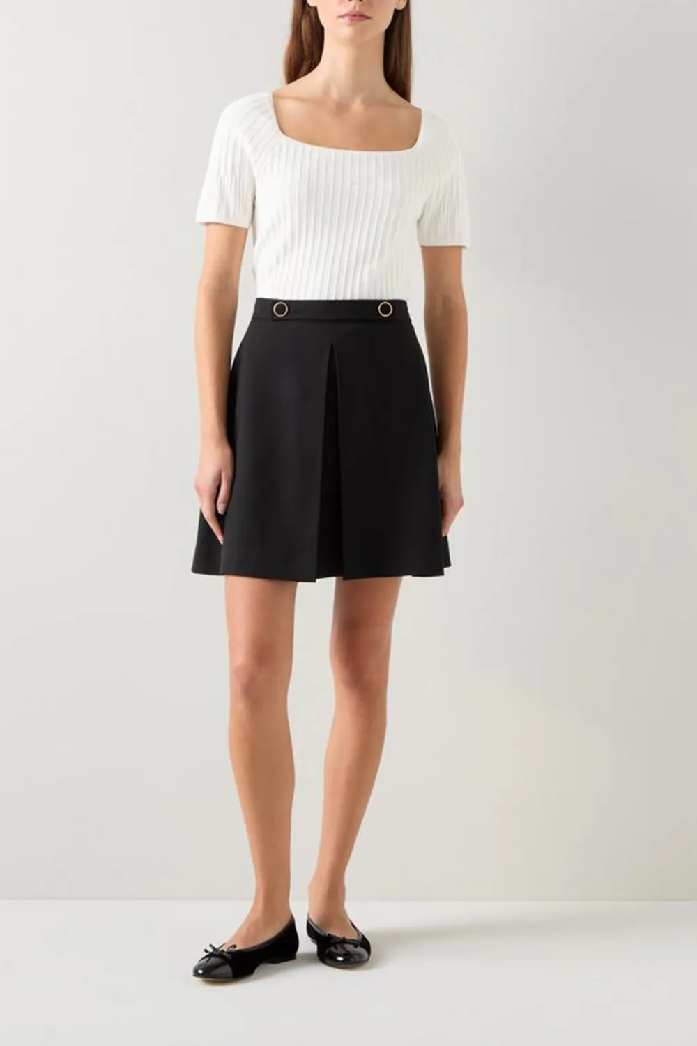 White Ribbed Square Neck Short Sleeve Knit