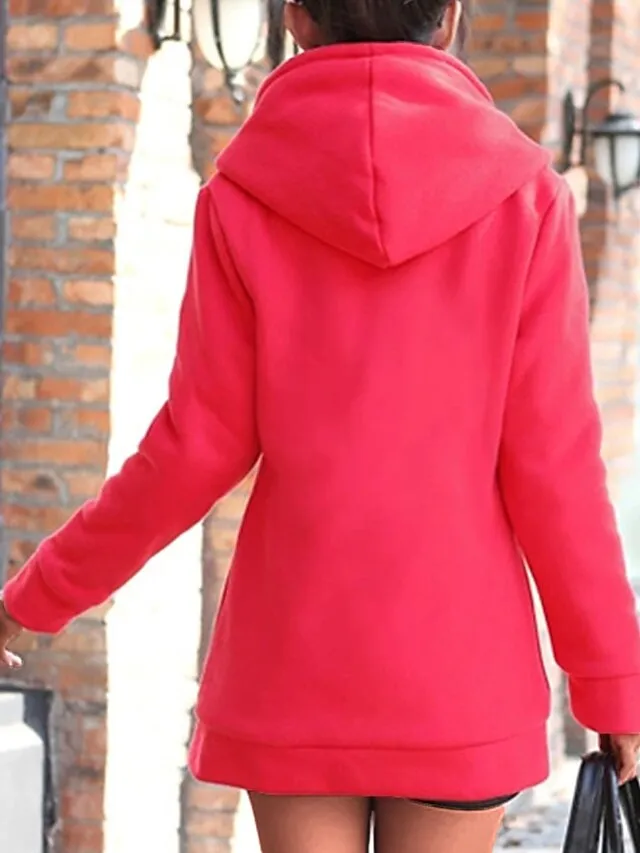 Women's Winter Coat Hoodie Jacket Street Fall Winter Regular Short Coat Regular Fit Windproof Warm Stylish Contemporary Casual Jacket Long Sleeve Plain with Pockets Full Zip Red Blue Green