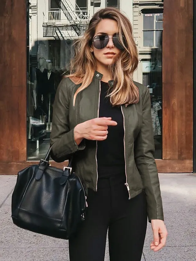 Women's Faux Leather Jacket Clean Fit Faux Motorcycle Moto Biker Coat Plus Size Short Zipper Jacket Light Pink Navy Wine Red ArmyGreen  Chic & Modern Street Fall Collarless Slim Fit S M L XL XXL XXXL