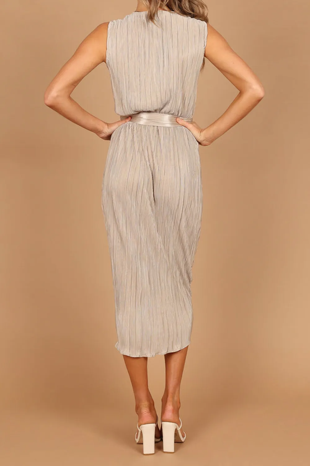 CHAMPAGNE PLEATED WRAP MIDI DRESS