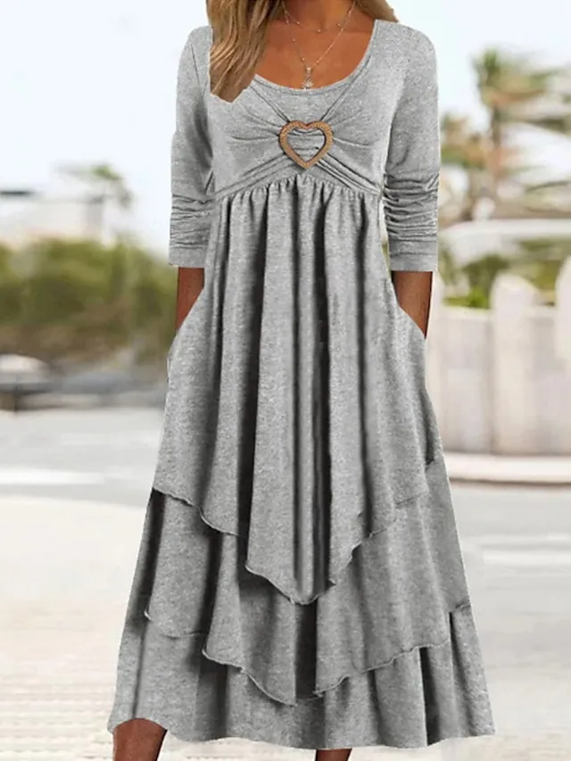 Women's Casual Dress Swing Dress Midi Dress Green Light Grey Dark Gray Long Sleeve Pure Color Ruched Winter Fall Spring U Neck Fashion Vacation 2023 S M L XL XXL 3XL