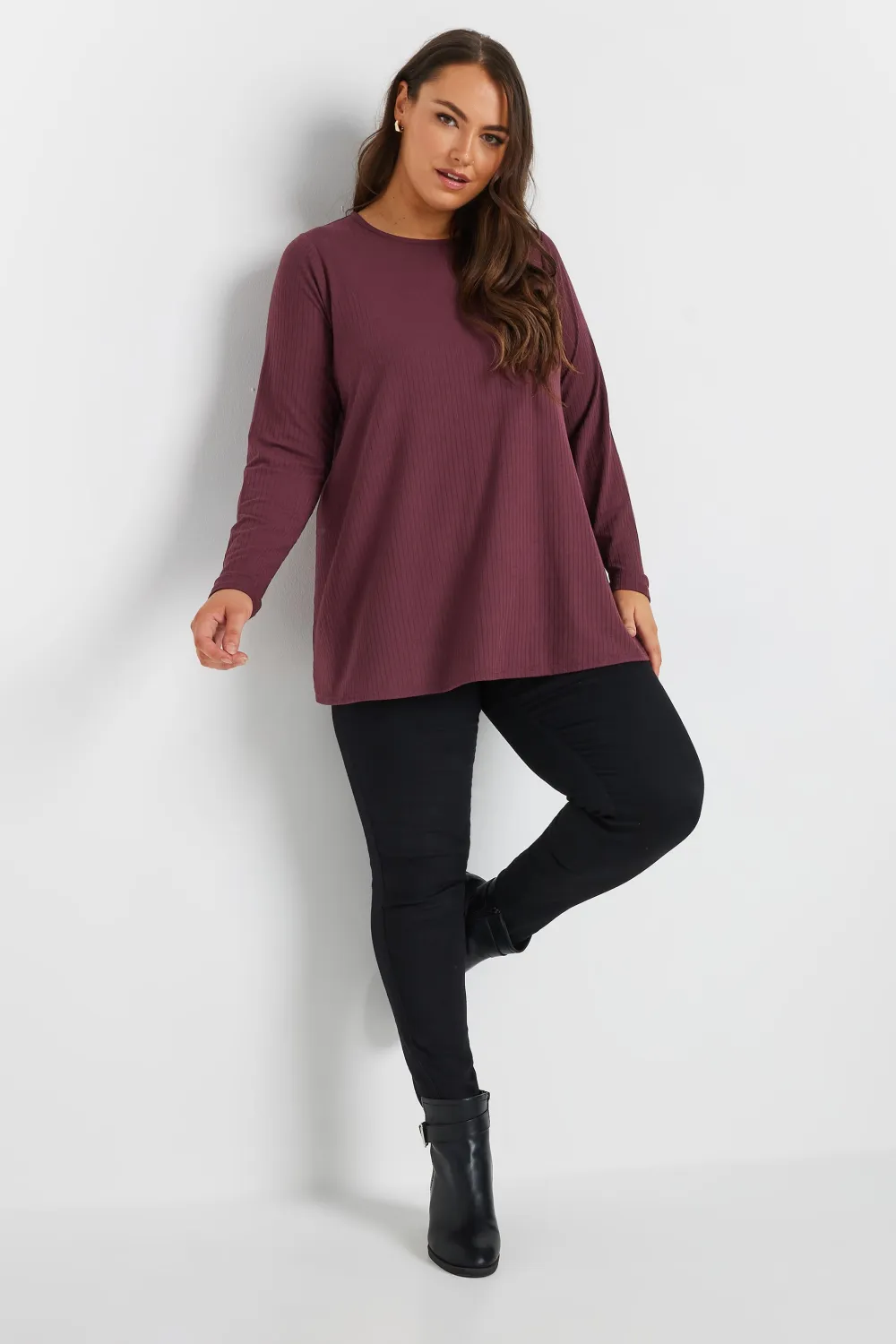 YOURS Curve Black Long Sleeve Ribbed Swing Top