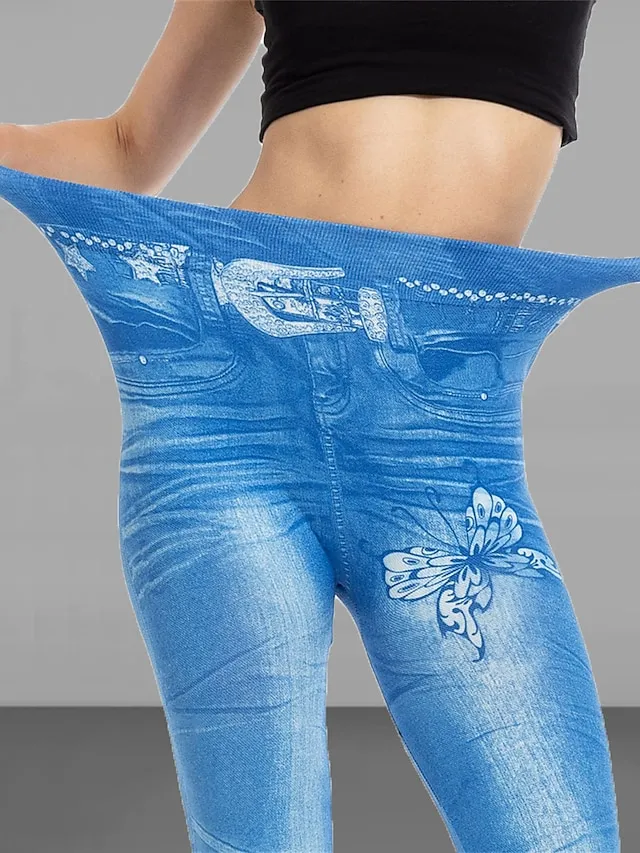 Women's Slim Pants Trousers Leggings Full Length Faux Denim Pocket High Cut High Elasticity High Waist Fashion Streetwear Street Causal Black Blue S M Summer Fall