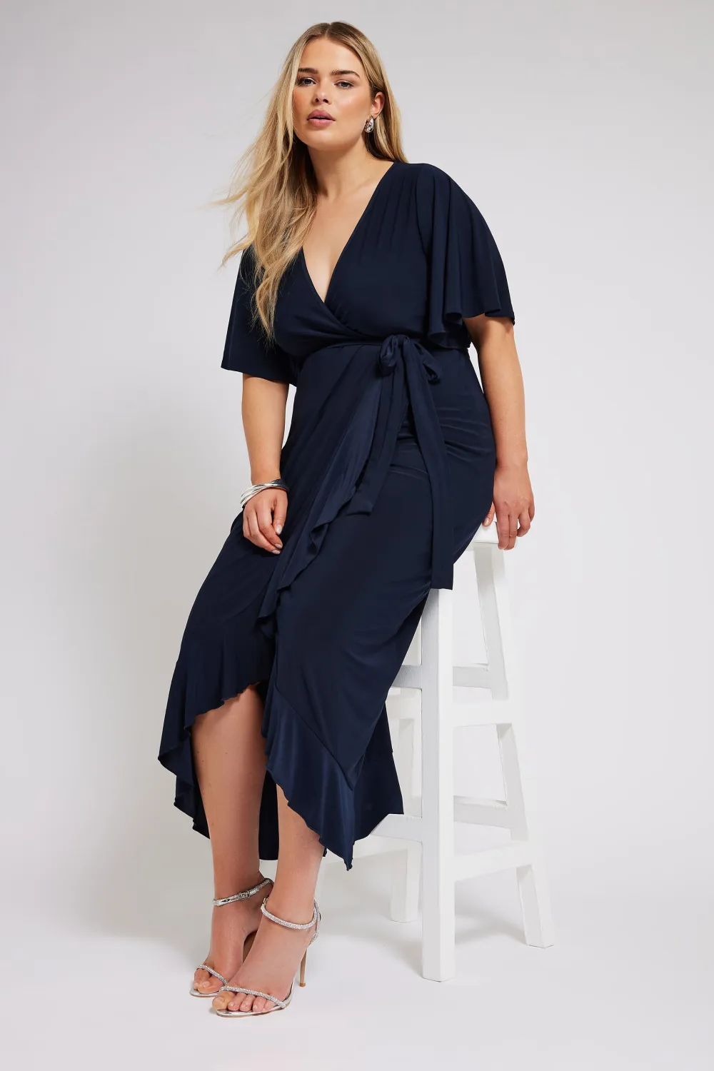 YOURS LONDON Curve Navy Blue Ruffle Hem Wrap Dress