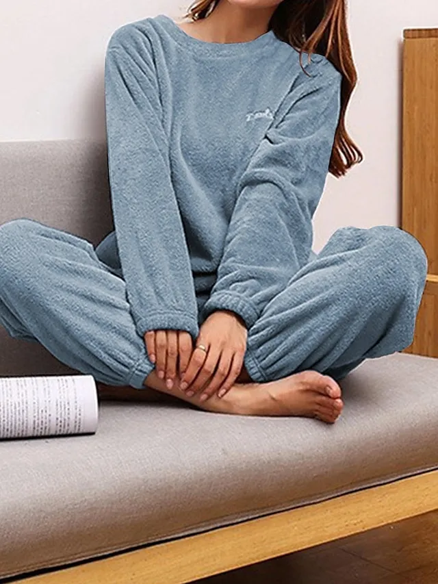 Women's Fleece Warm Loungewear Sets Fluffy Fuzzy Warm Pajama Letter Comfort Home Daily Bed Coral Fleece Coral Velvet Warm Crew Neck Long Sleeve Hoodie Pant Embroidery Fall Winter Pink Red