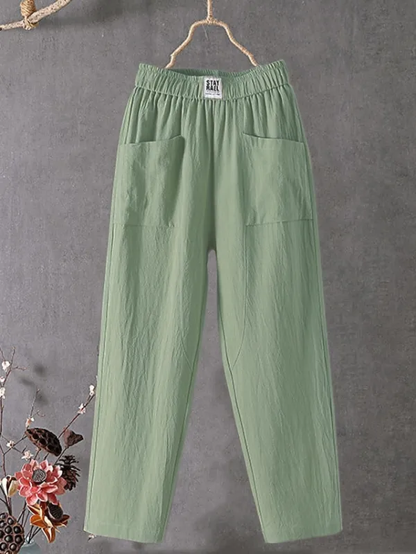 Women's Linen Pants Chinos Pants Trousers Cotton Solid Color Side Pockets Baggy Ankle-Length Micro-elastic Mid Waist Fashion Work Casual Black White M L Summer Spring &  Fall