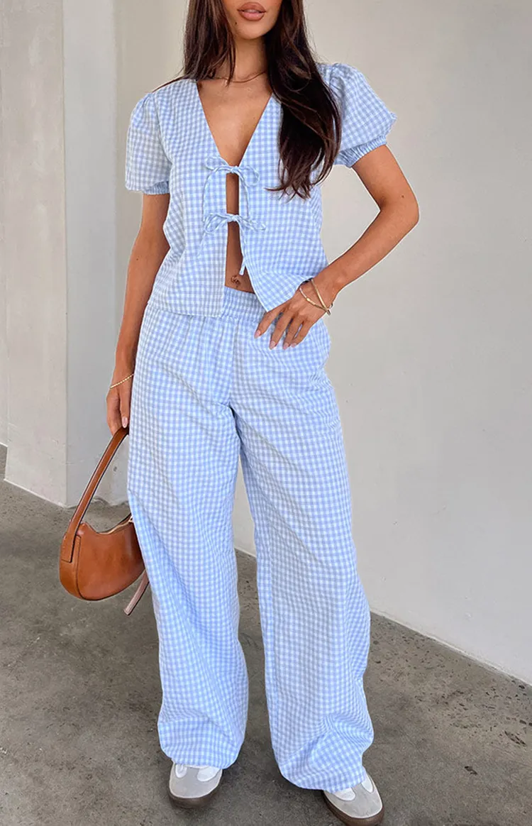 Light Blue Gingham Wide Leg Pants