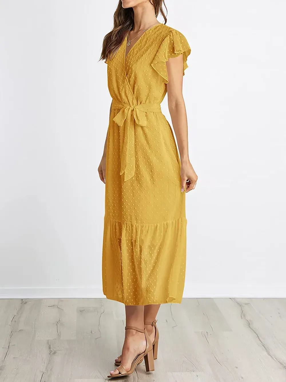 Women Summer Bohemian Floral Casual Wrap V Neck Ruffle Cap Sleeveless Belt A-Line Pleated Hem Swing Midi Sun Dress