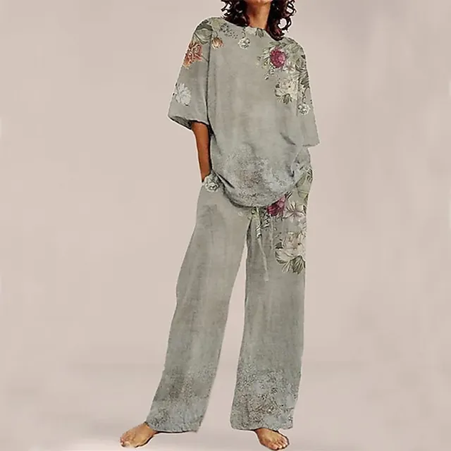 Women's Loungewear Sets Nighty 2 Pieces Flower Comfort Sweet Home Daily Polyester Crew Neck Half Sleeve Spring Summer Green