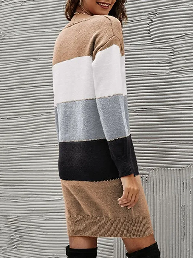 Women's Sweater Dress Jumper Dress Winter Dress Mini Dress Knitwear Fashion Streetwear Color Block Stripe Daily Date Going out Weekend Crew Neck Long Sleeve Drop Shoulder Patchwork Ribbed 2023 Loose