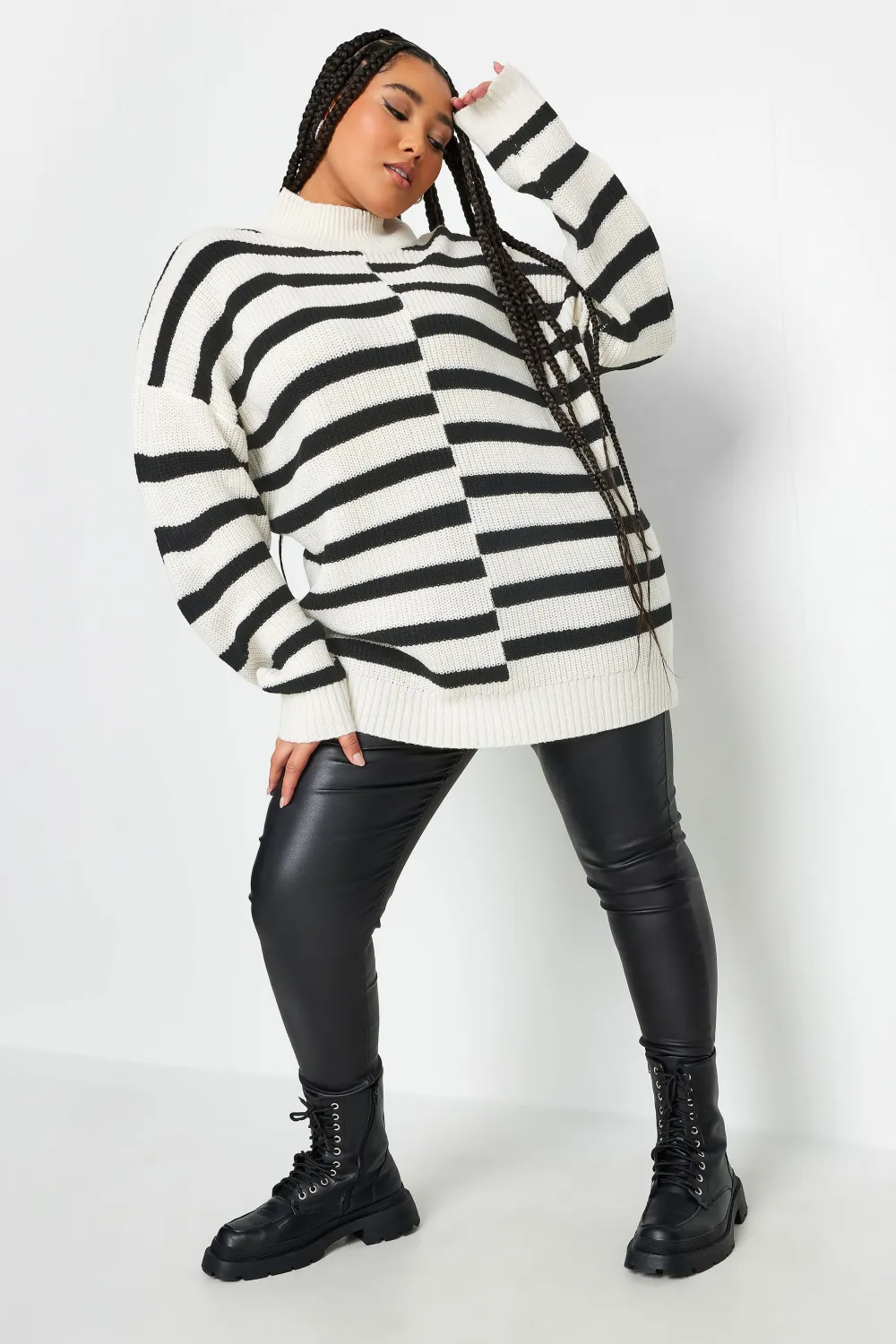 YOURS Curve White Contrast Stripe Turtle Neck Jumper