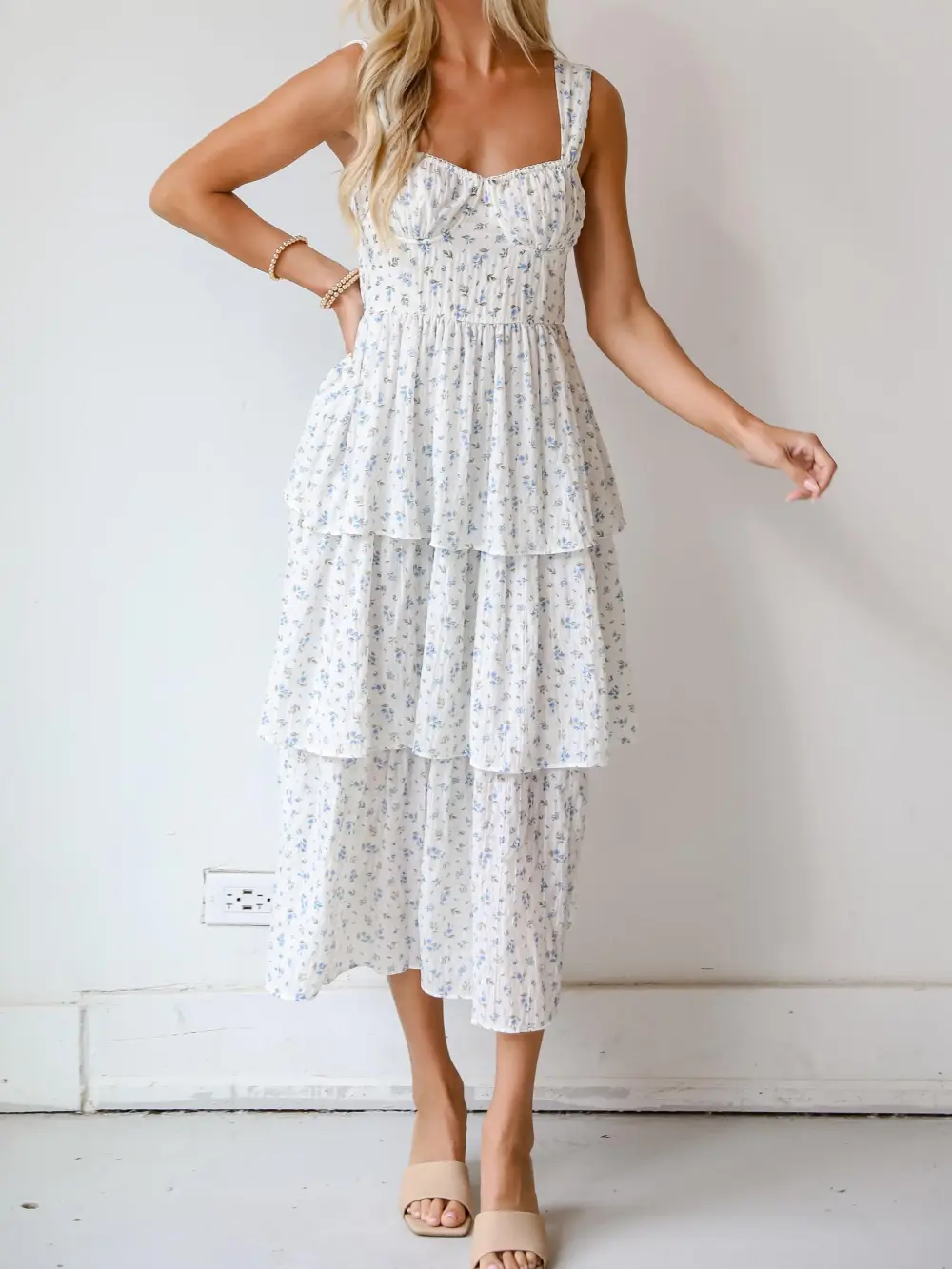 Caught Your Interest Ivory Floral Tiered Midi Dress