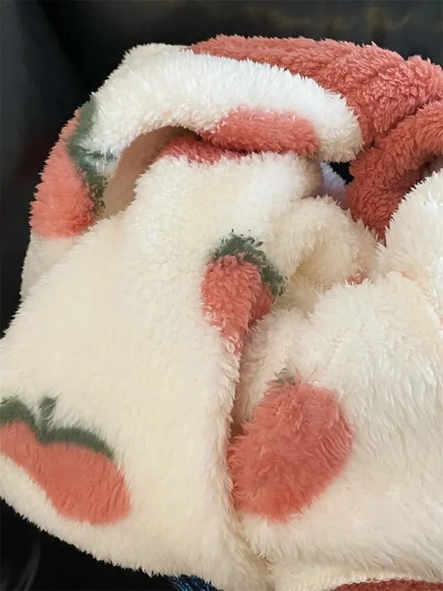 Women's Fleece Fluffy Fuzzy Warm Pajamas Sets Fruit Fashion Casual Comfort Home Daily Bed Flannel Warm V Wire Long Sleeve Cardigan Pant Button Pocket Fall Winter Pink Red