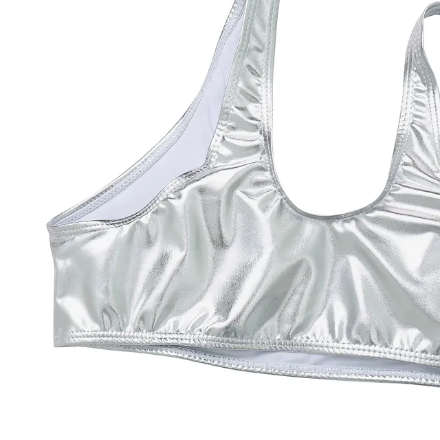 Women's Swimwear One Piece Monokini Bathing Suits Normal Swimsuit Tummy Control Glitter Slim Solid Color Split gold Split silver Siamese gold Siamese silver Bathing Suits Sexy Active Vacation