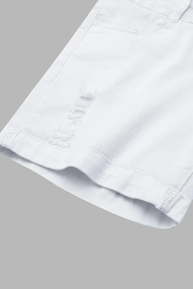 Double Button Ripped Mid Waist Denim Shorts