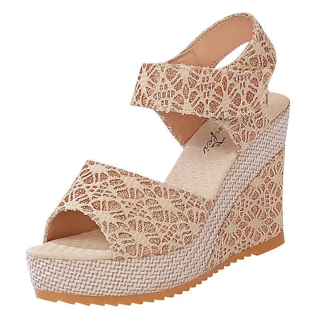 Women's Sandals Wedge Sandals Lace Wedge Heel Peep Toe Casual Polyester Mesh Magic Tape Black Beige